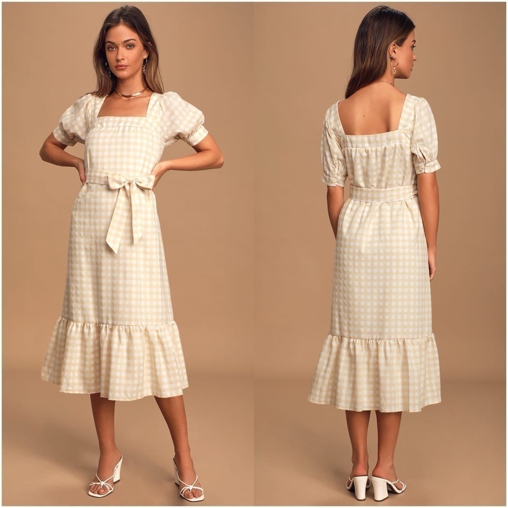 LULU’S Love Me Sweeter Peach Gingham Puff Sleeve Midi Dress